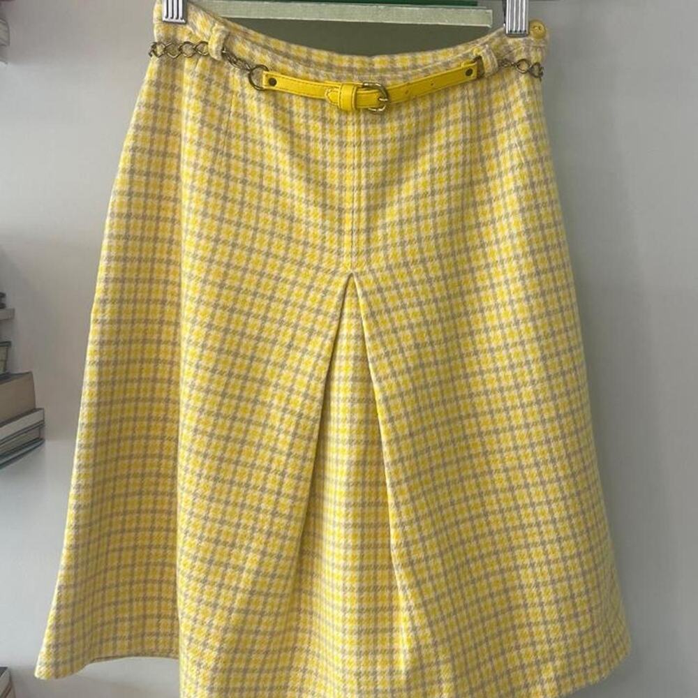 Rare Vintage 1960s Yellow Plaid Wool Skirt with Original Belt Size 0-2